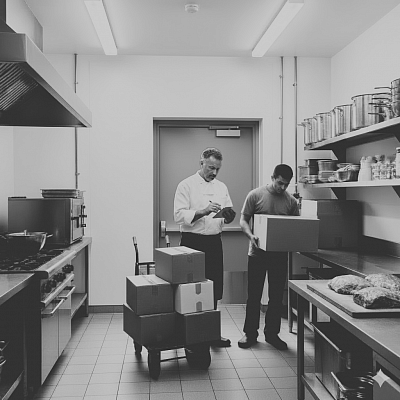 Independent restaurant staff managing local food procurement and inventory in a clean, professional kitchen.